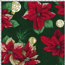 Tecido Estampado para Patchwork - Flor de Natal Verde com Bolas C03 (0,50x1,40)