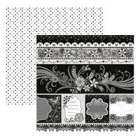 Folha para Scrapbook Dupla Face - Floral PB Barrinhas e tags