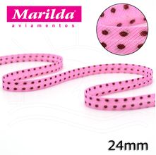 Viés Estampado Fino 12mm 20 metros - Bolinha Marrom/Rosa