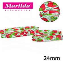 Viés Estampado Fino 12mm 20 metros - Morango Arabesco