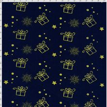 Tecido Estampado para Patchwork - Natal Presentinho Gold Fundo Marinho (0,50x1,40)