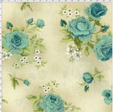 Tecido Estampado para Patchwork - Millyta Four Seasons Rosas Azul com Fundo Bege (0,50x1,40)