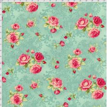 Tecido Estampado para Patchwork - Millyta Four Seasons Rosas com Arabesco Fundo Verde (0,50x1,40)