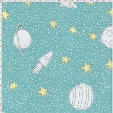 Tecido Estampado para Patchwork - Saturno Planetas e Foguetes Fundo Tiffany (0,50x1,40)