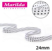 Viés Estampado Fino 12mm 20 metros - Bolinha Branca/Preto
