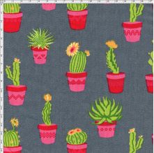 Tecido Estampado para Patchwork - Coleção Cactos Flowers Cactos com Flor Fundo Cinza (0,50x1,40)