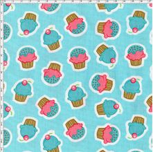 Tecido Estampado para Patchwork - Coleção Pillows Fundo Cupcake Azul (0,50x1,40)