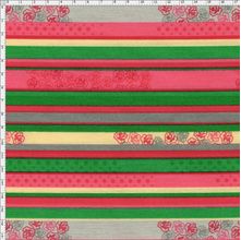 Tecido Estampado para Patchwork - Roses by Mirella Nakata: Listrados com Rosas Cinza (0,50x1,40)