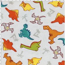 Tecido Estampado para Patchwork - Dinos by Taís Fávero: Dinos Fundo Cinza (0,50x1,40)