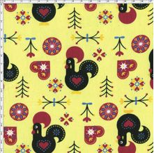 Tecido Estampado para Patchwork - Portugal PivCat: Galo de Barcelos Fundo Amarelo (0,50x1,50)