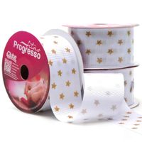 Fita Gorgurão Decore Glitter Estrelas 38MM 10 Metros - Progresso 028 - branco