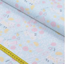 Tecido Estampado para Patchwork - Pequeno Quintal by Mariana Curti: Composê Gato com Tulipas Fundo Azul (0,50x1,40)