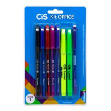 Kit Office 1: 5 Canetas + 2 Marca Texto + 1 Lapisera 0.7mm