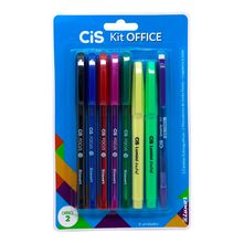 Kit Office 2: 5 Canetas + 2 Marca Texto + 1 Lapisera 0.7mm