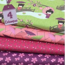 Kit de Tecido Oriental: Kokeshis na Ponte (30x70) 4 Estampas