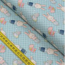 Tecido Estampado para Patchwork - Feliz Páscoa : Mini Coelhos Fundo Azul (0,50x1,40)