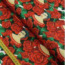 Tecido Estampado para Patchwork - Frida Kahlo : Frida Com Rosas Vermelha (0,50x1,40)