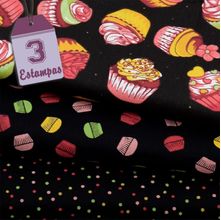 Kit de Tecido Cupcakes Preto (50x150) 3 Estampas