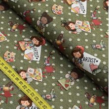 Tecido Estampado Para Patchwork - Minhas Artes : Bonecas Arteiras Verde (0,50x1,40)