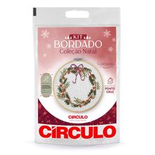 Kit Bordado Natal Círculo - Guirlanda com Flores Vermelhas