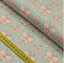 Tecido Estampado para Patchwork - Borboletando : Borboletas Rose e Verde (0,50x1,40)