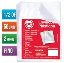 Envelope Plástico 1/2 Ofício 2 Furos Fino - 50 Unidades