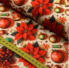 Tecido Estampado para Patchwork - Natal : Bolas e Poinsetia (0,50x1,50)