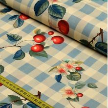 Tecido Estampado para Patchwork - Country Life : Xadrez Azul Claro com Cerejas (0,50x1,50)