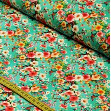 Tecido Estampado Para Patchwork - Oriental : Flores de Cerejeira Fundo Verde Claro com Pássaros (0,50x1,50)